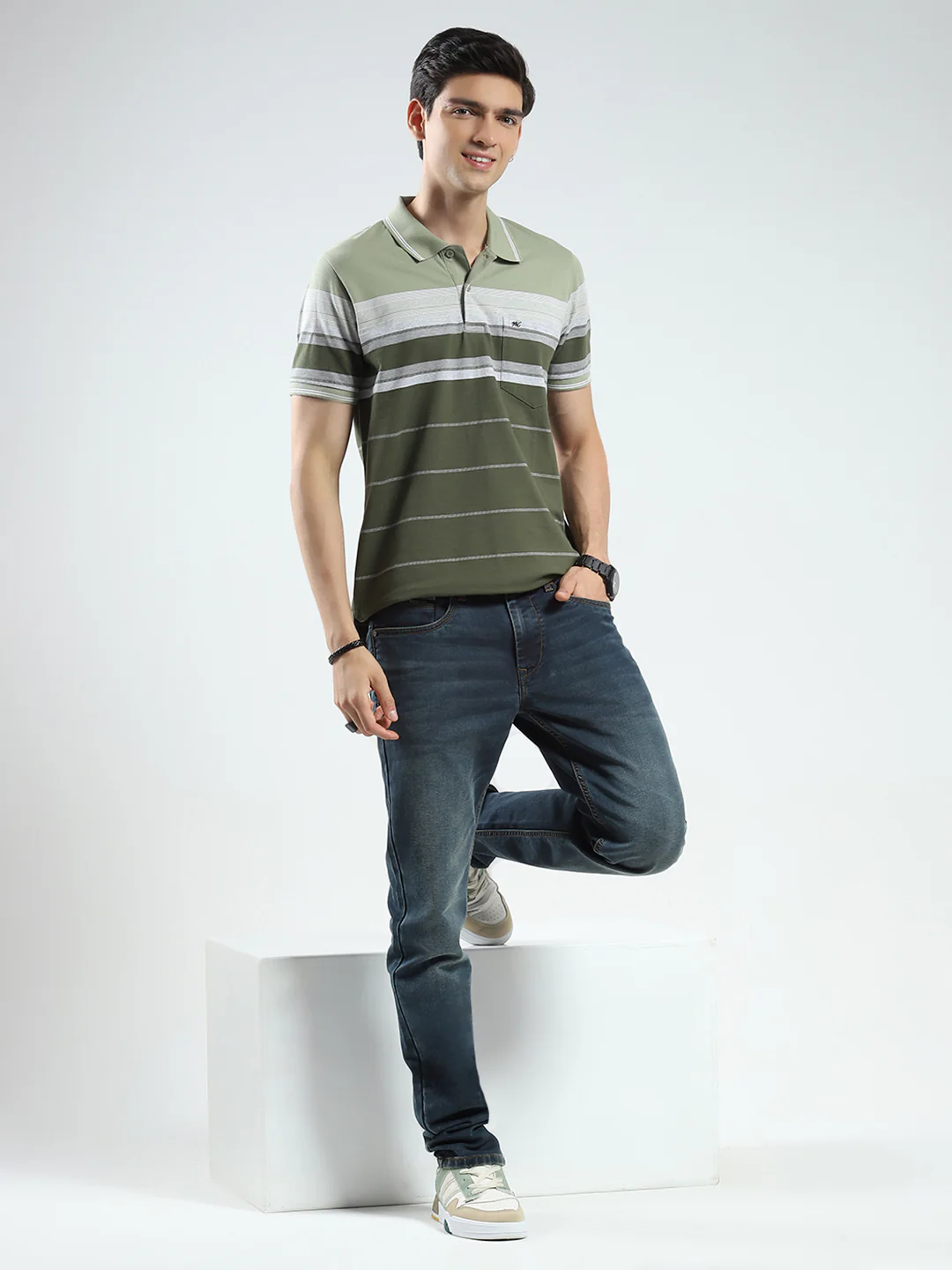 Men Olive Stripe Collar Half Sleeve T-Shirt - Image 2
