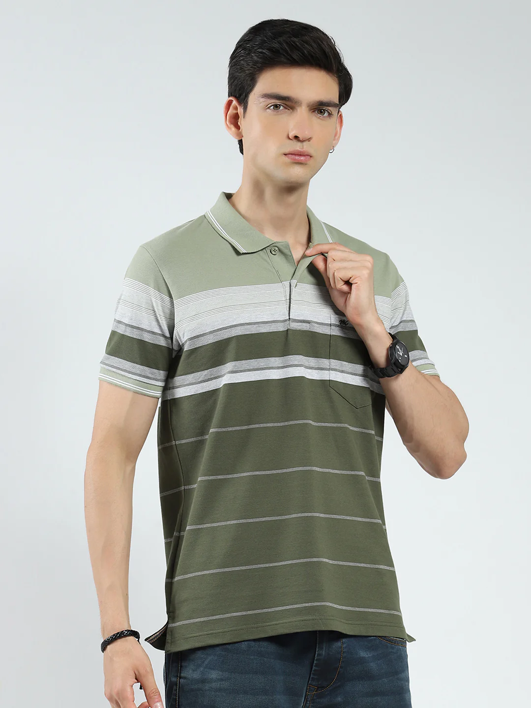 Men Olive Stripe Collar Half Sleeve T-Shirt - Image 4