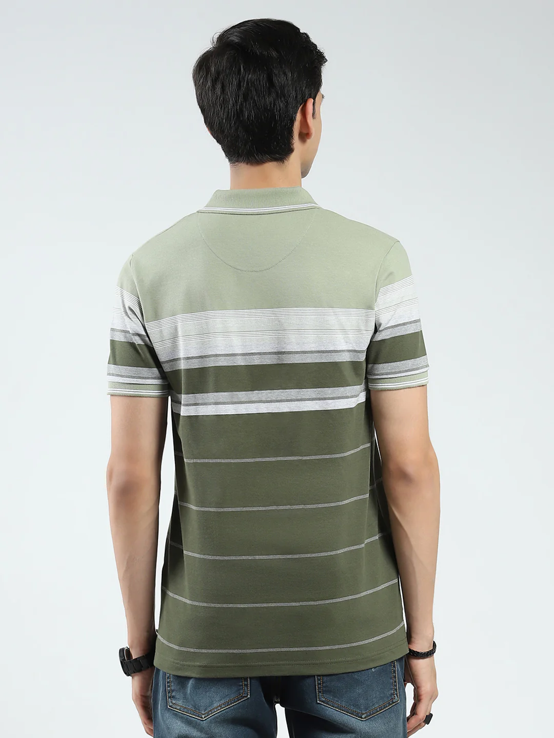 Men Olive Stripe Collar Half Sleeve T-Shirt - Image 5