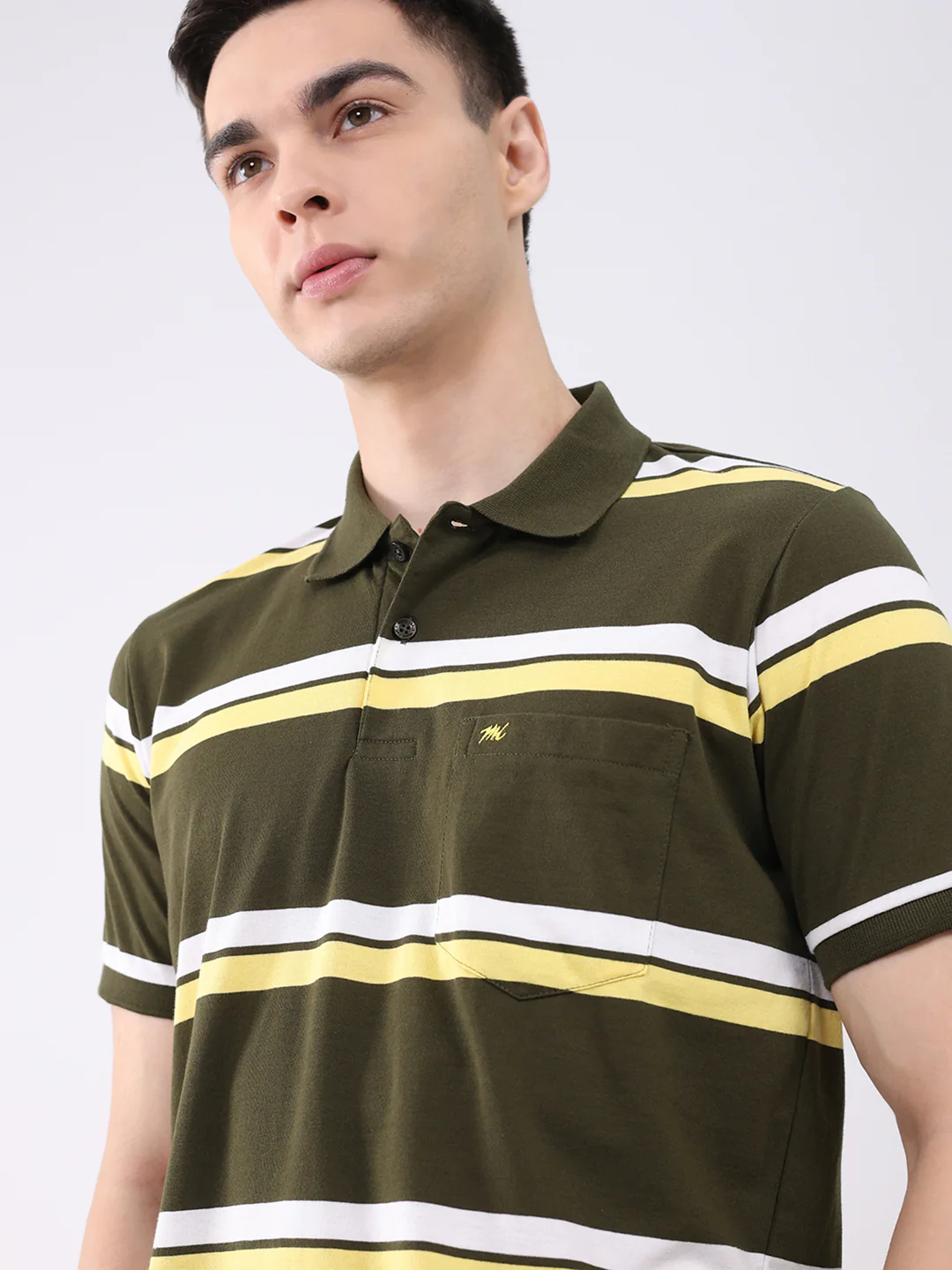 Men Olive Stripe Collar Half Sleeve T-Shirt - Image 6