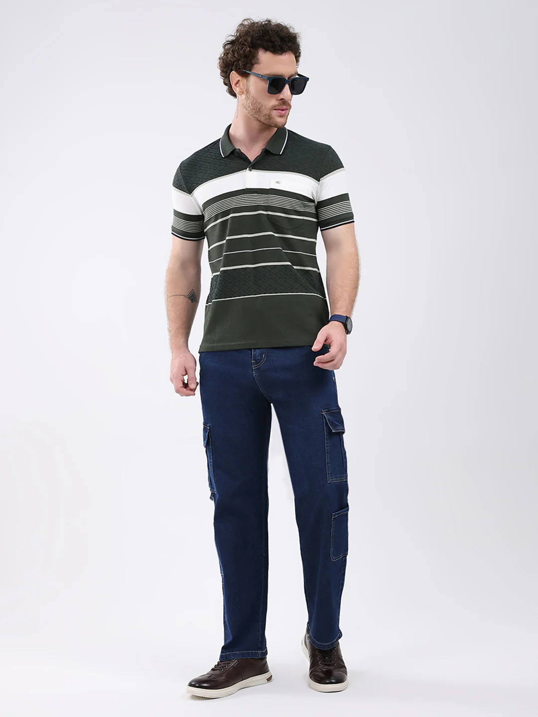 Men Olive Stripe Collar Half Sleeve T-Shirt - Image 2