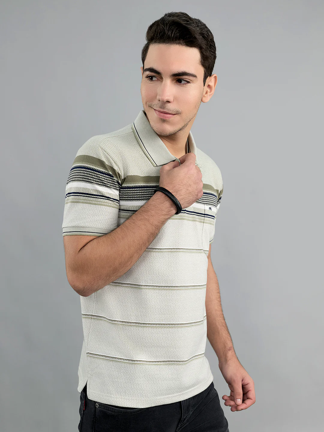 Men Olive Stripe Collar Half Sleeve T-Shirt - Image 2