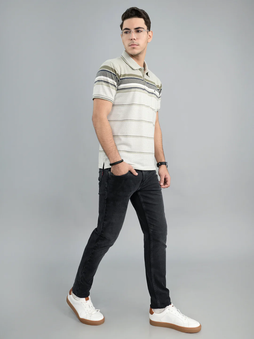 Men Olive Stripe Collar Half Sleeve T-Shirt - Image 6