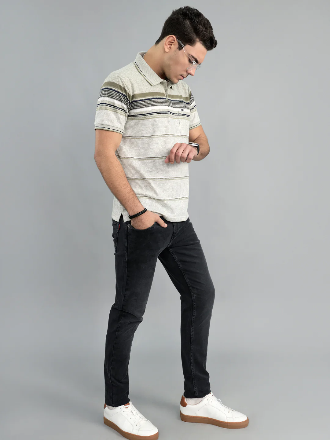 Men Olive Stripe Collar Half Sleeve T-Shirt - Image 7