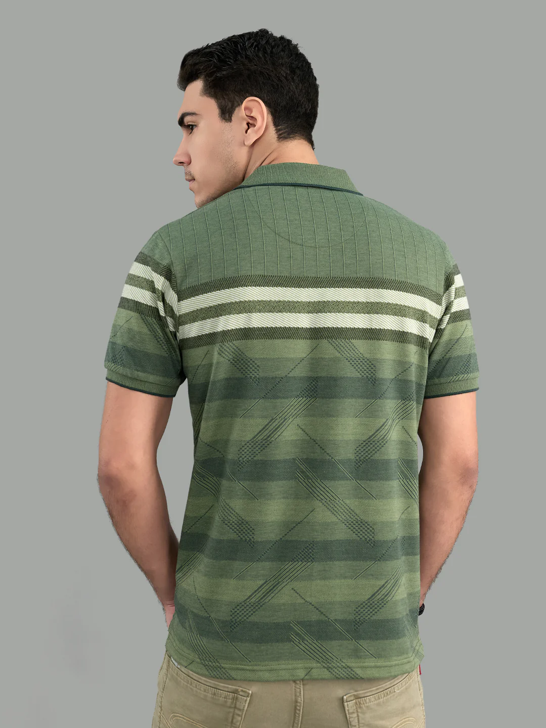 Men Olive Stripe Collar Half Sleeve T-Shirt - Image 4