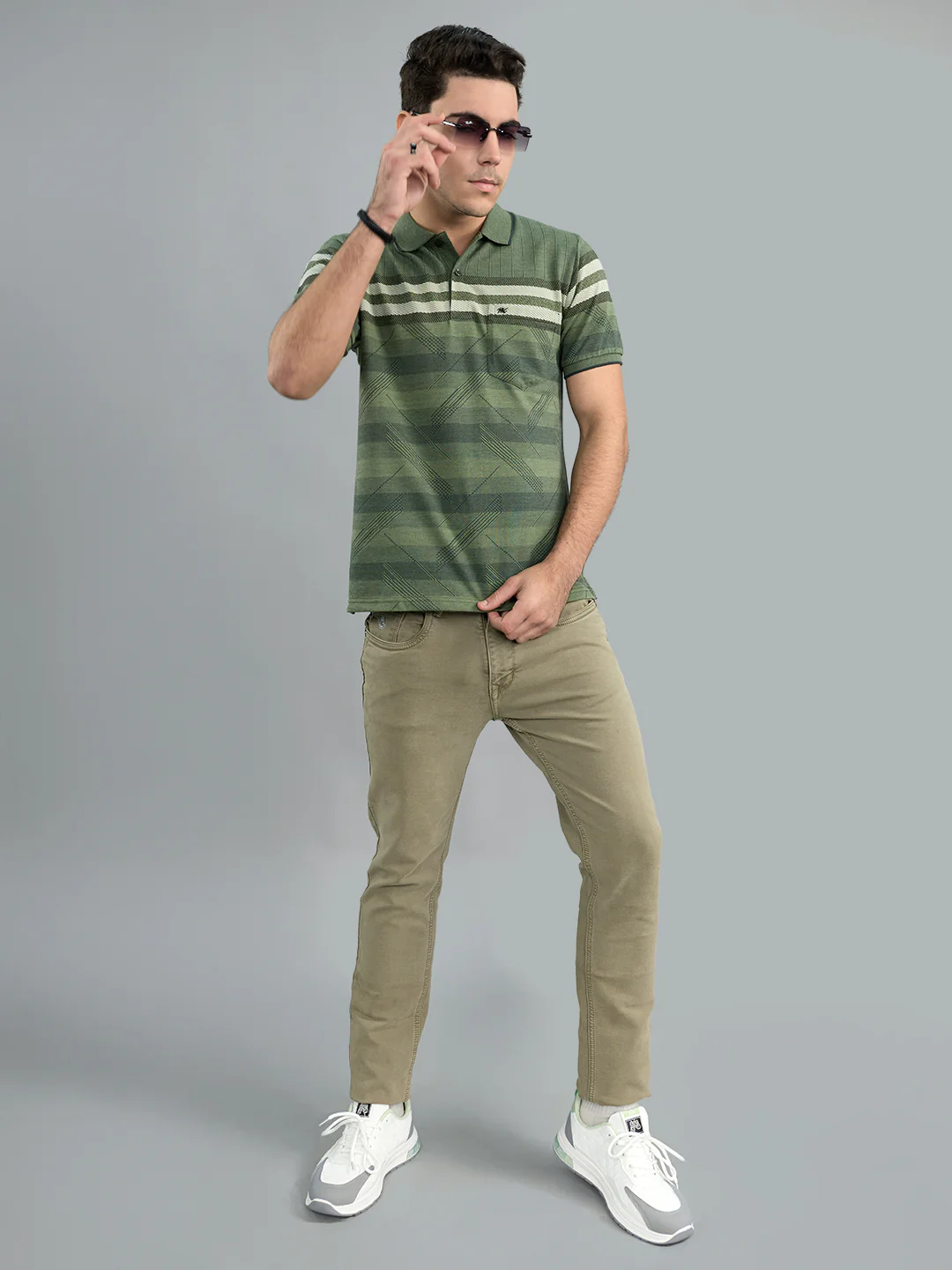 Men Olive Stripe Collar Half Sleeve T-Shirt - Image 6