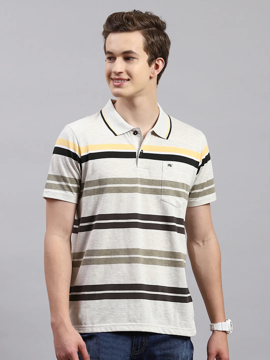 Men Olive Stripe Collar Half Sleeve T-Shirts - Image 2