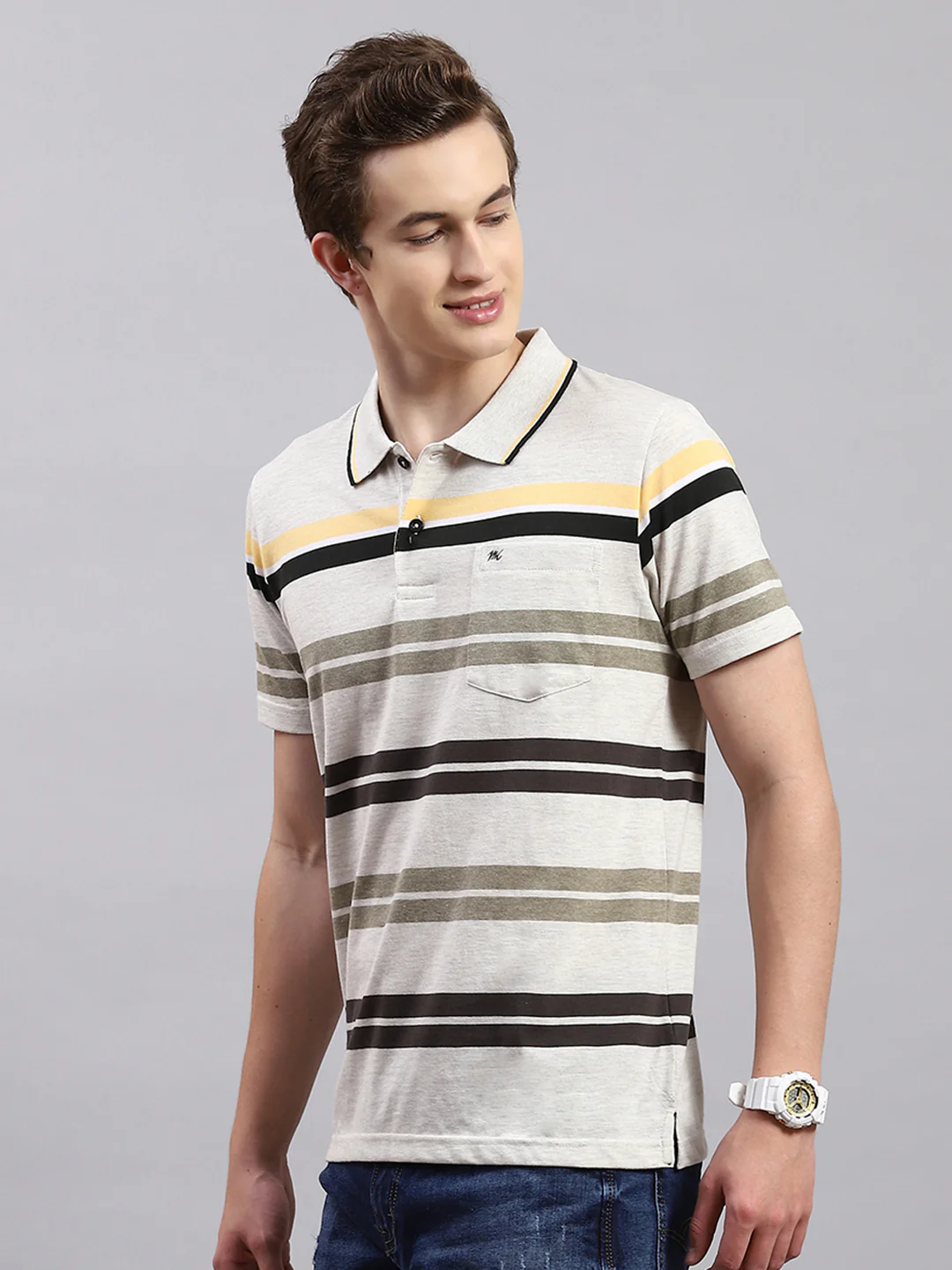 Men Olive Stripe Collar Half Sleeve T-Shirts - Image 3
