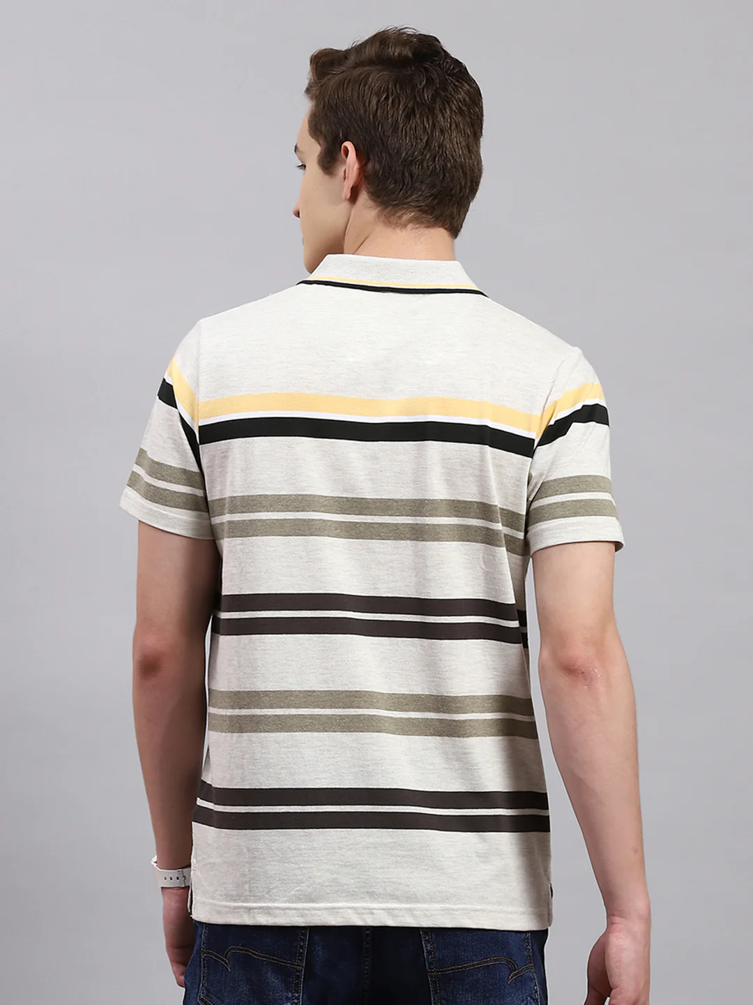 Men Olive Stripe Collar Half Sleeve T-Shirts - Image 5