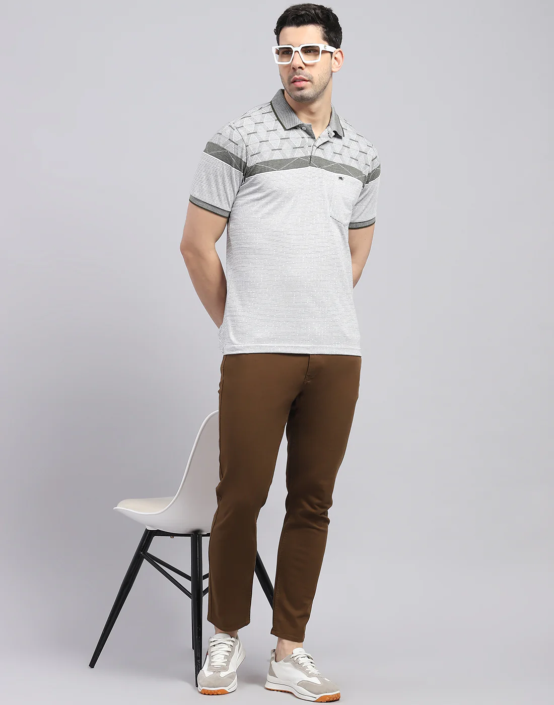 Men Olive Stripe Polo Collar Half Sleeve T-Shirt - Image 2