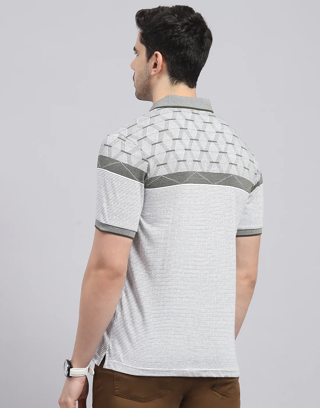 Men Olive Stripe Polo Collar Half Sleeve T-Shirt - Image 5
