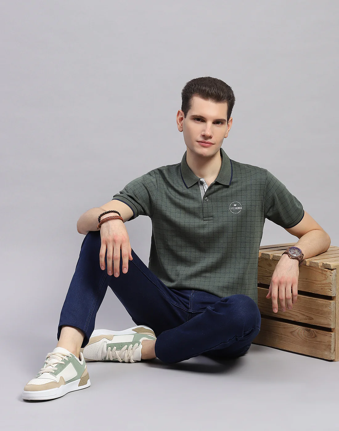 Men Olive Stripe Polo Collar Half Sleeve T-Shirt - Image 2