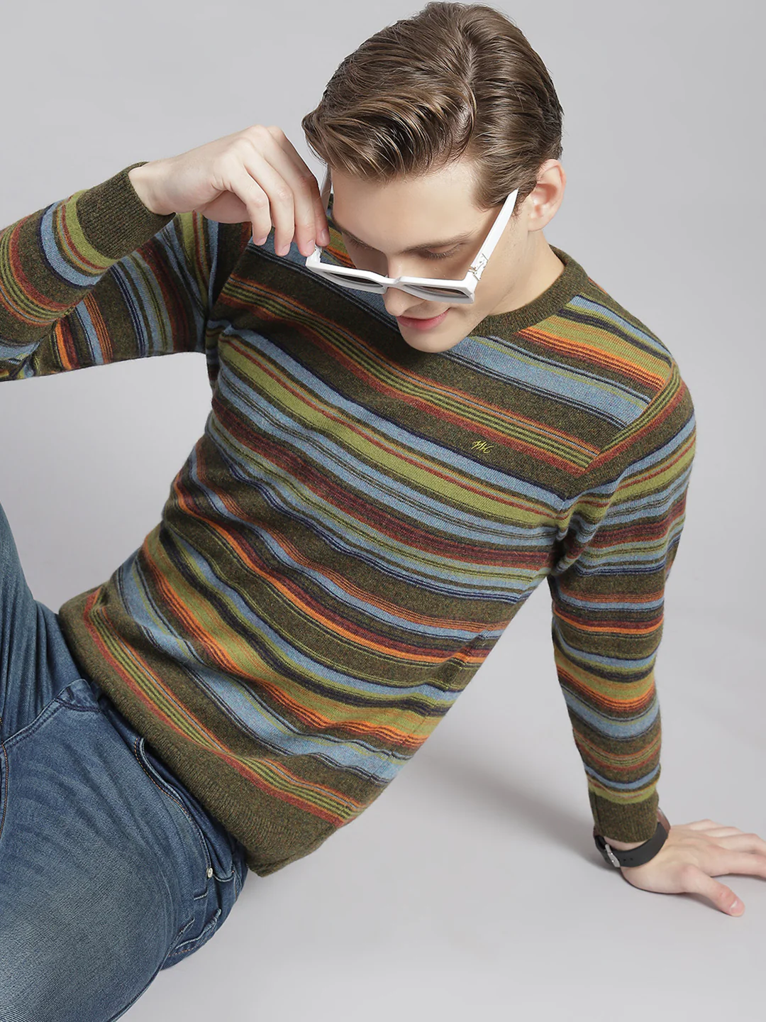 Men Olive Stripe Round Neck Full Sleeve Sweaters/Pullovers - Image 2