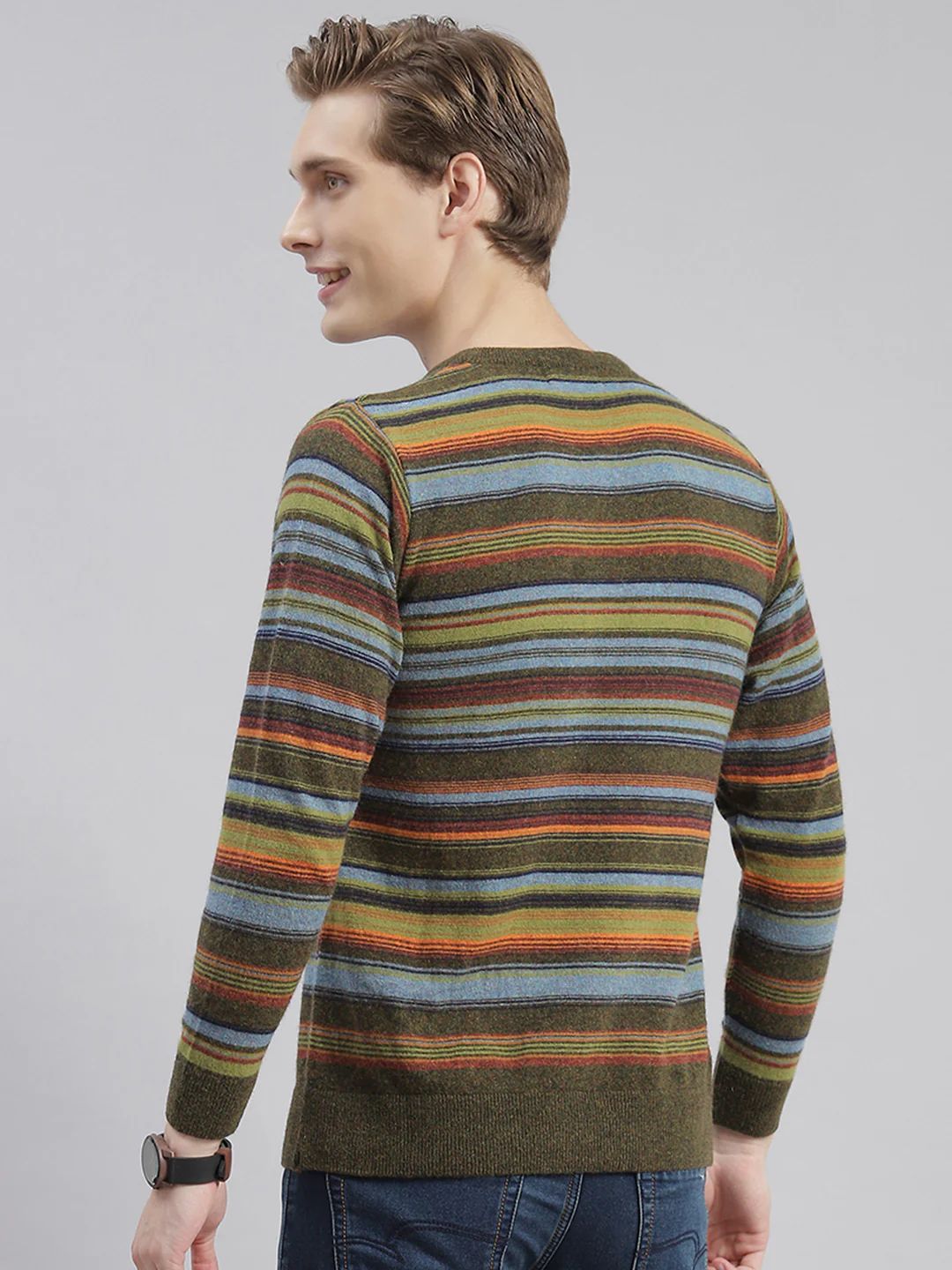 Men Olive Stripe Round Neck Full Sleeve Sweaters/Pullovers - Image 6