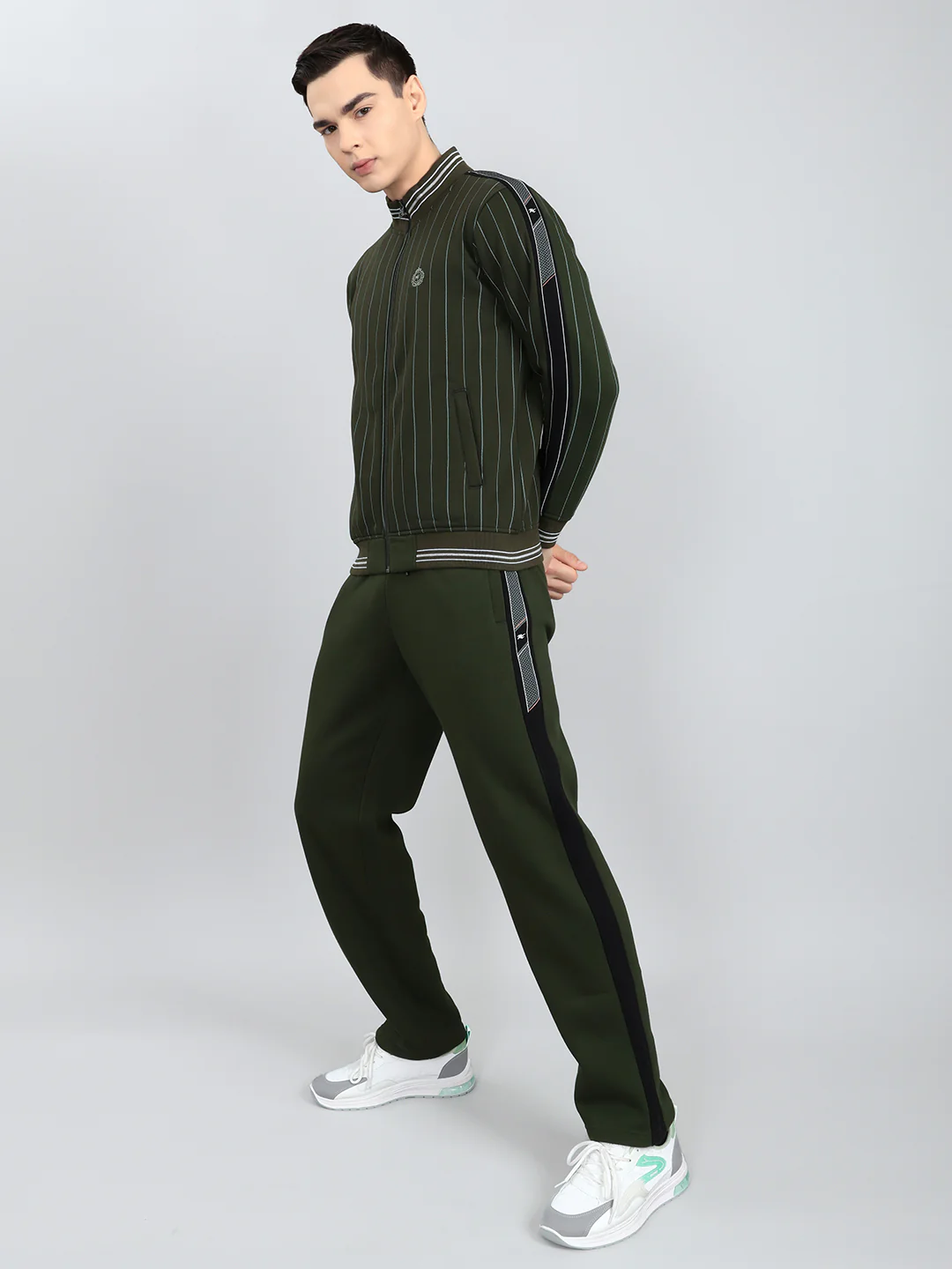 Men Olive Stripe Round Neck Full Sleeve Winter Tracksuit - Image 2
