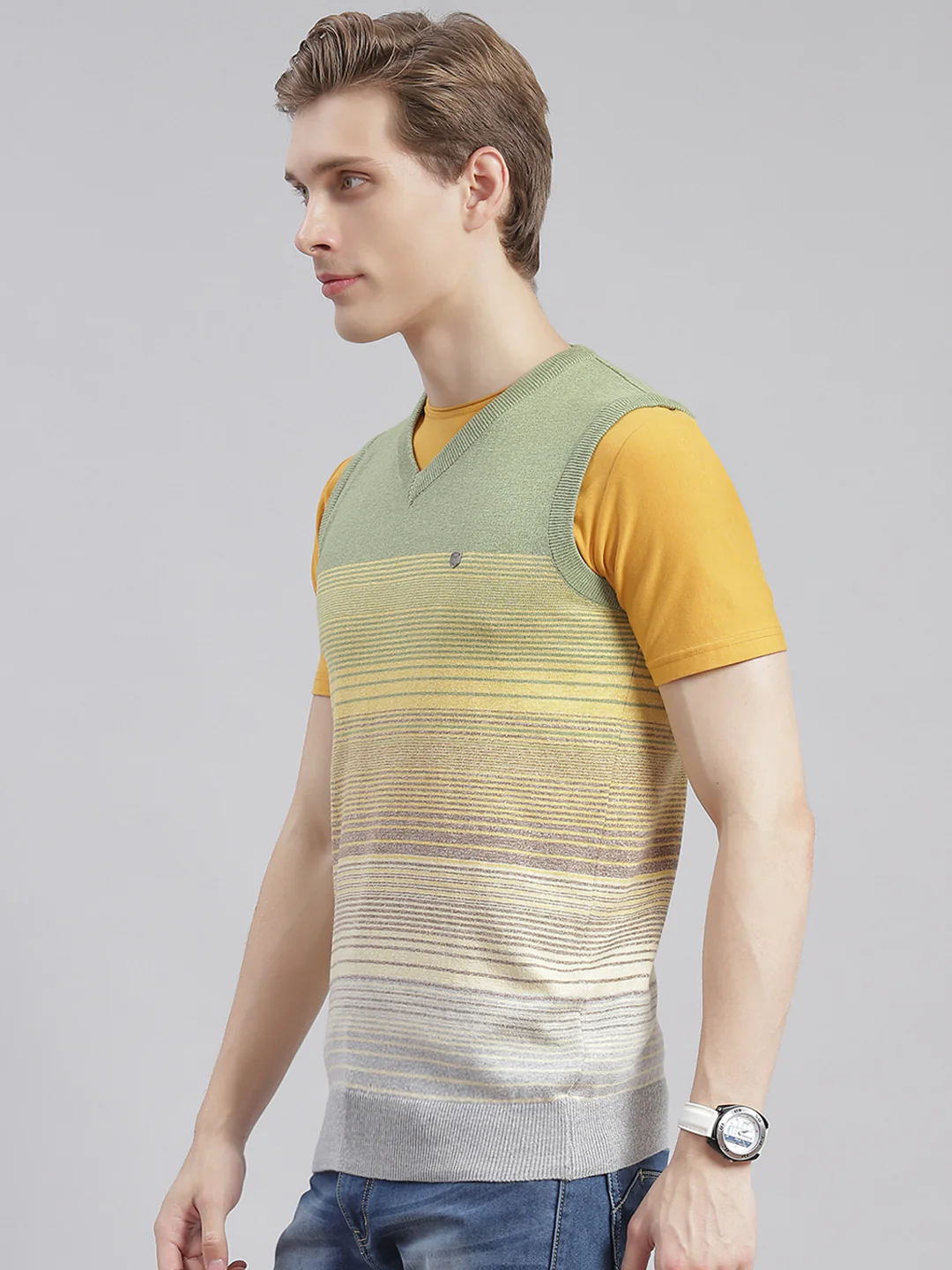 Men Olive Stripe V Neck Sleeveless Sweaters/Pullovers - Image 3