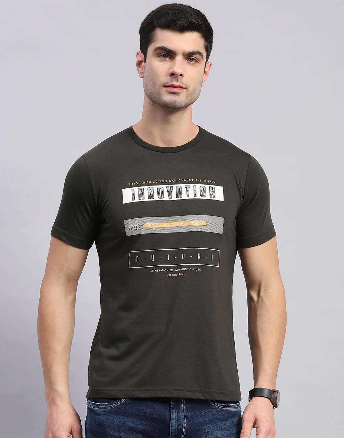 Men Olive & Yellow Solid Round Neck Half Sleeve T-Shirt - Image 3