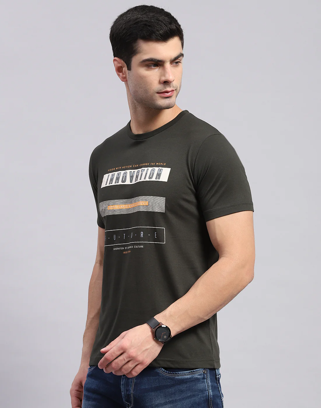 Men Olive & Yellow Solid Round Neck Half Sleeve T-Shirt - Image 4