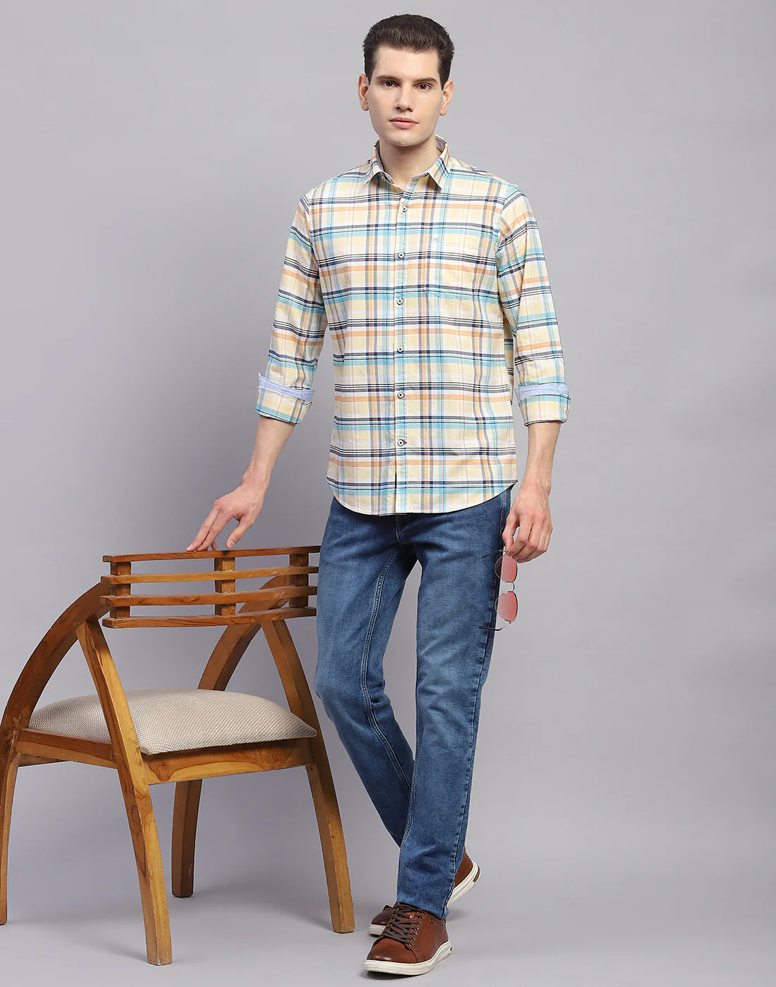 Men Orange Check Collar Full Sleeve Shirt - Image 2