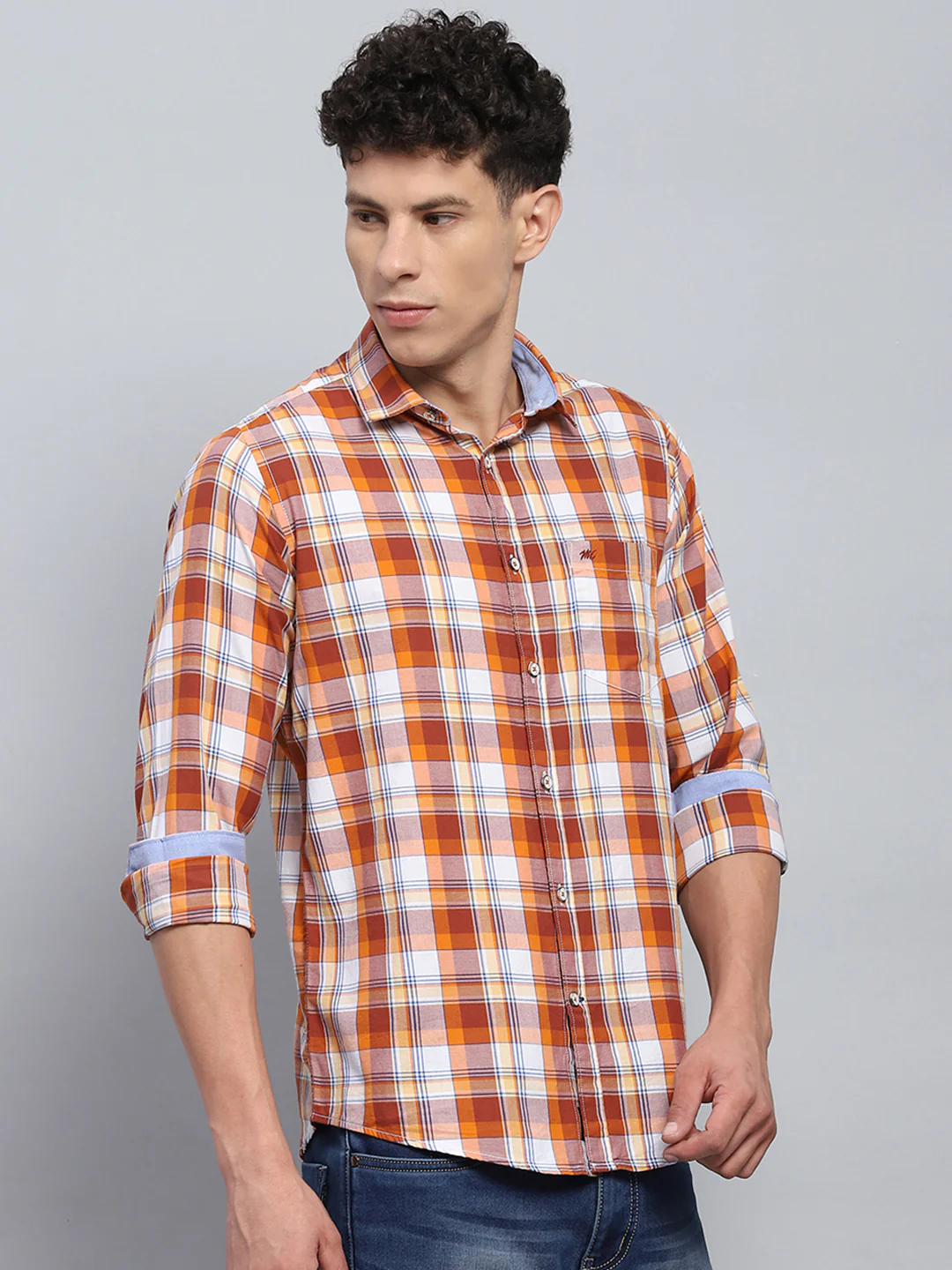 Men Orange Check Collar Full Sleeve Shirt - Image 4