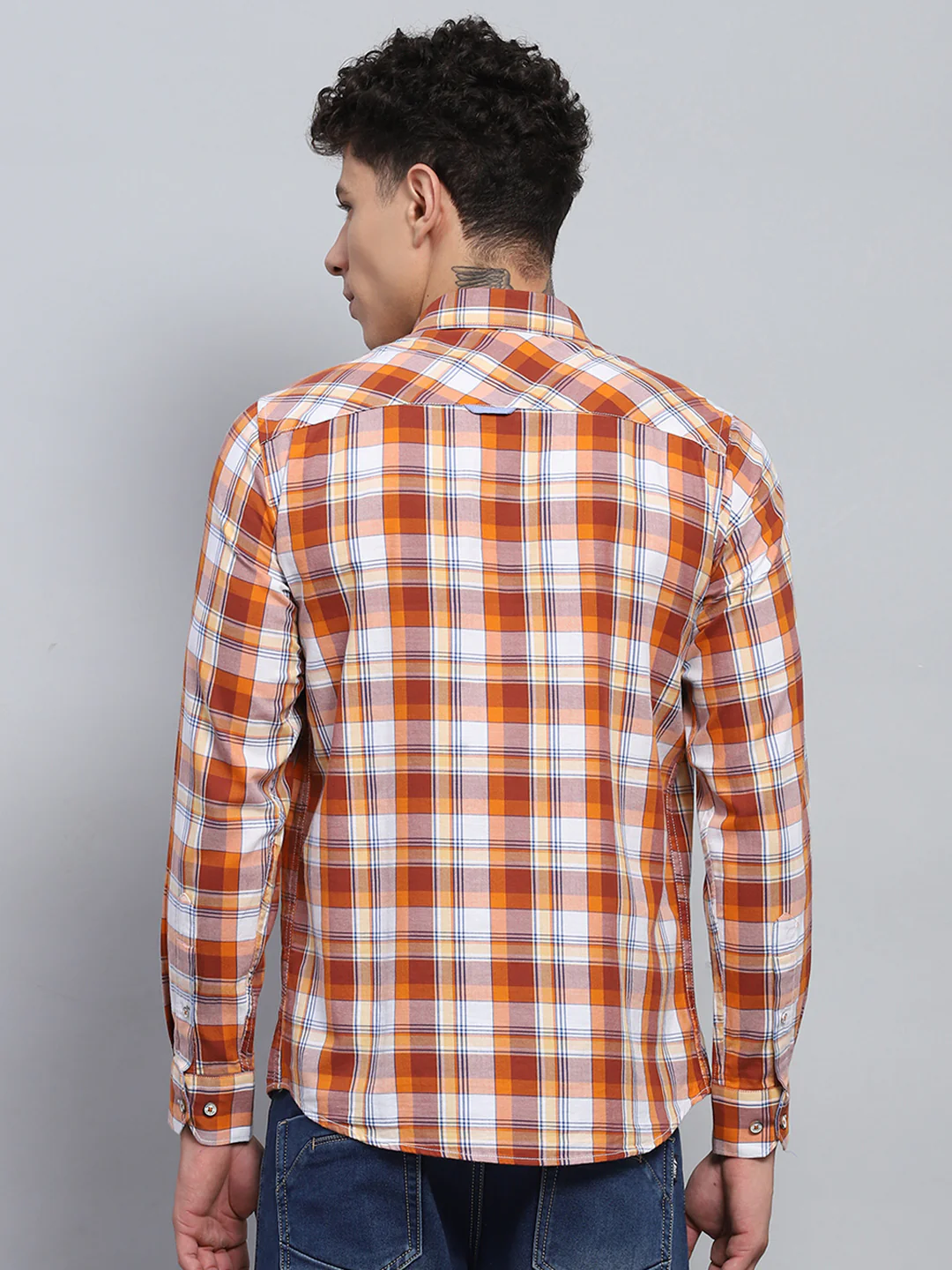 Men Orange Check Collar Full Sleeve Shirt - Image 5