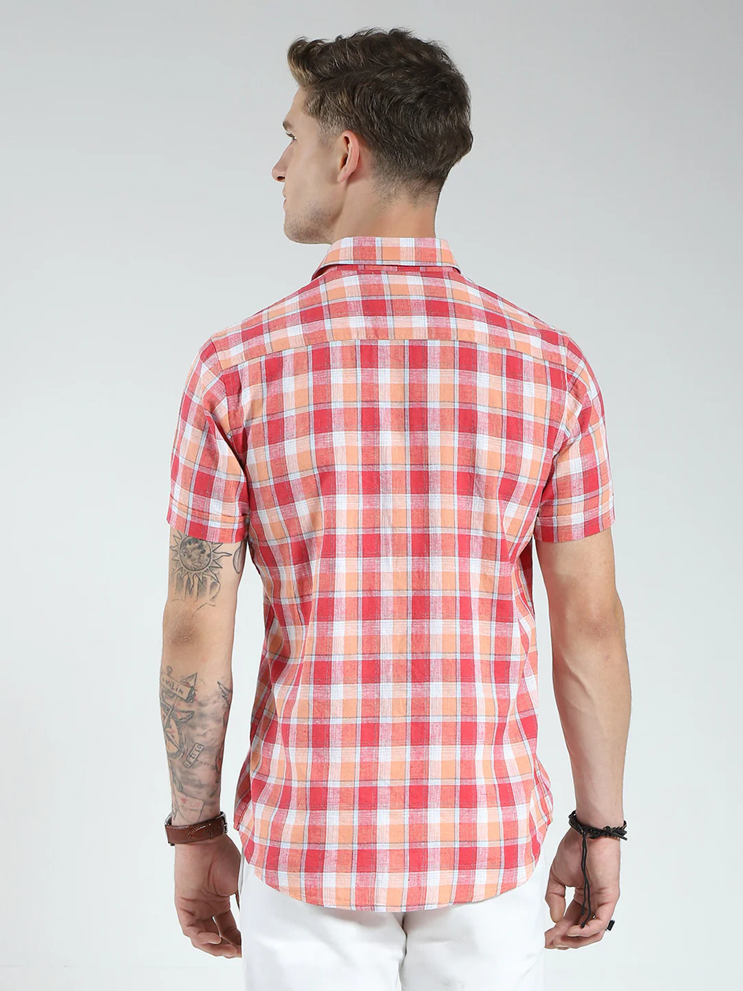 Men Orange Check Collar Half Sleeve Linen Shirt - Image 5