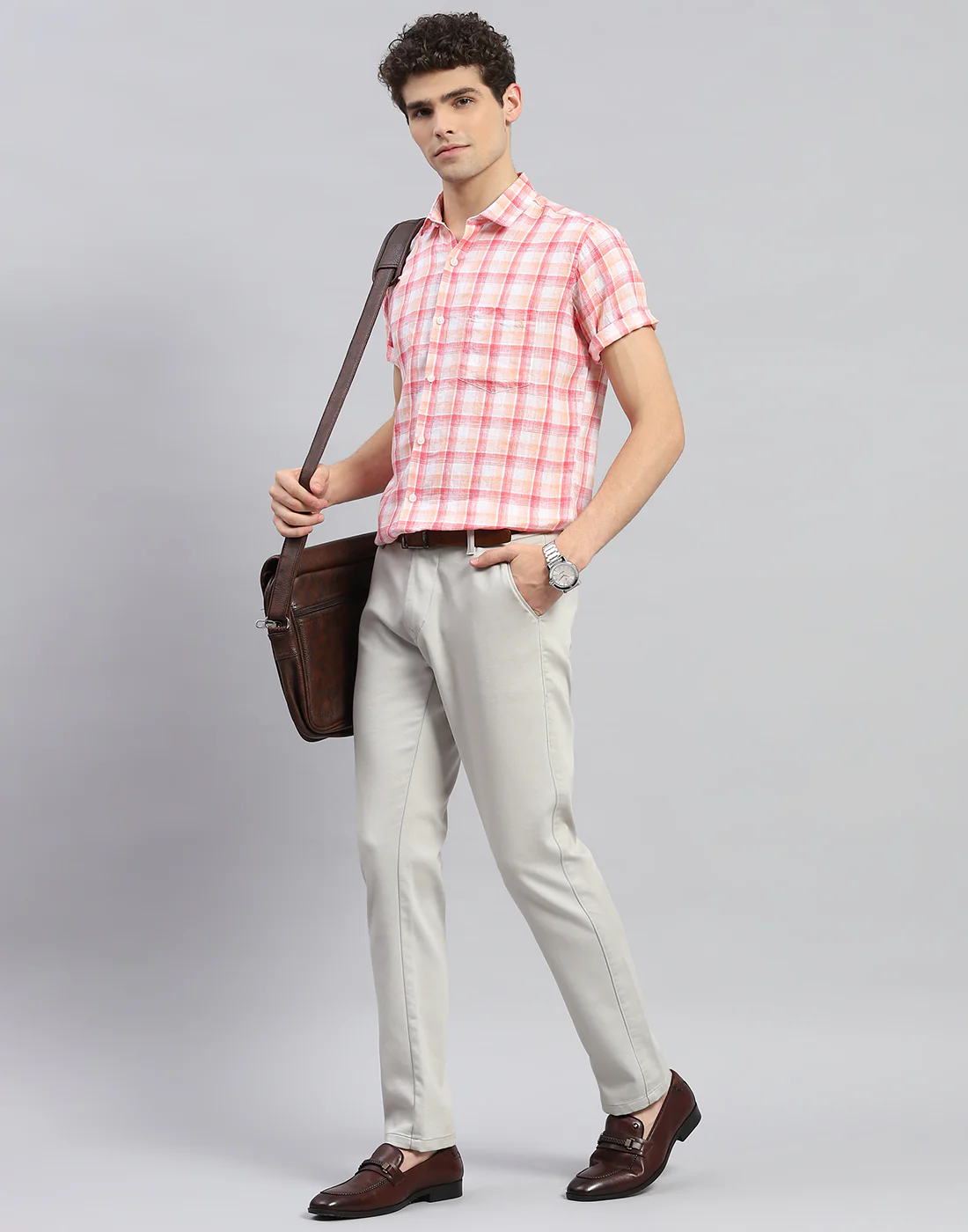 Men Orange Check Collar Neck Half Sleeve Linen Shirt - Image 2
