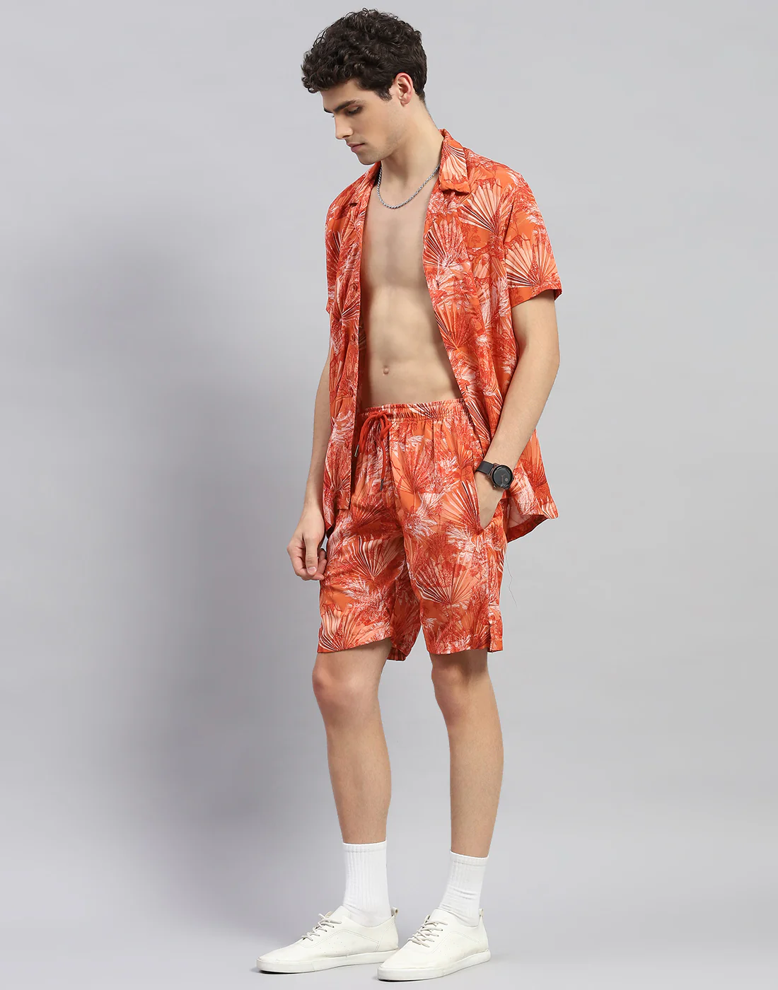 Men Orange Floral Print Round Neck Half Sleeve Cords Set - Image 2