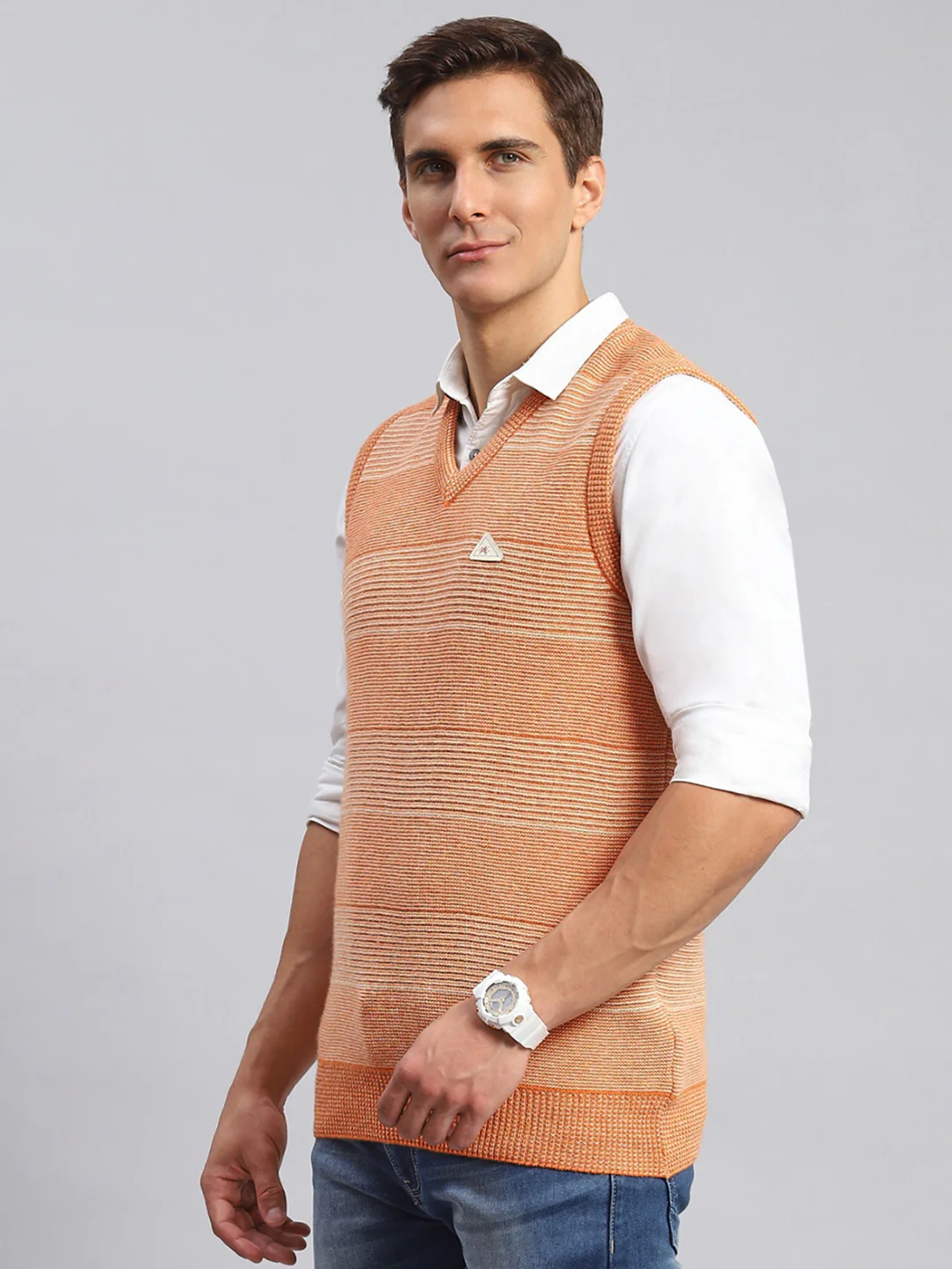 Men Orange Jaquard Lamb wool Sweater - Image 4