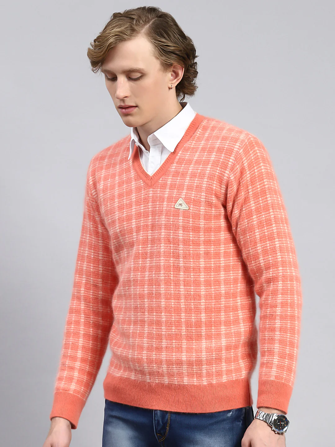 Men Orange Jaquard Pullover - Image 4