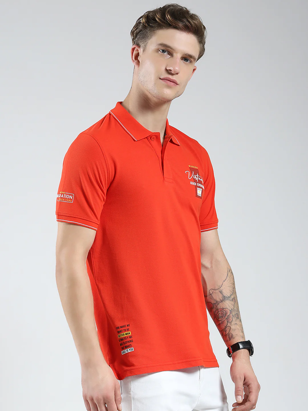 Men Orange Printed Collar Half Sleeve T-Shirt - Image 4