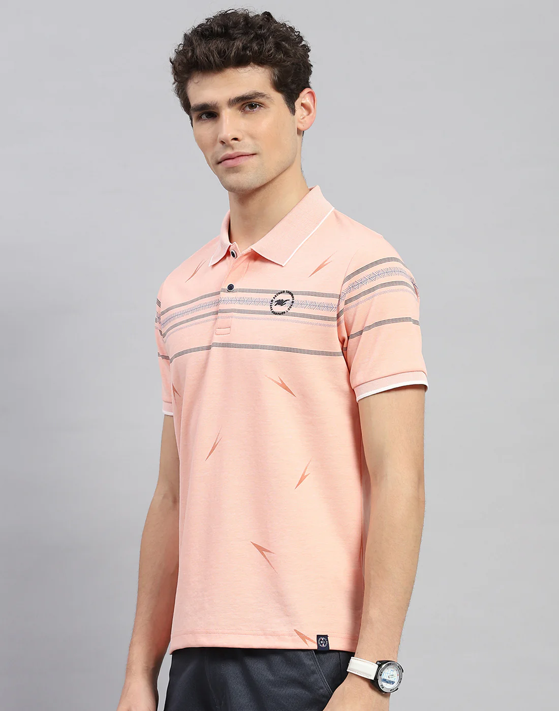Men Orange Printed Polo Collar Half Sleeve T-Shirt - Image 3