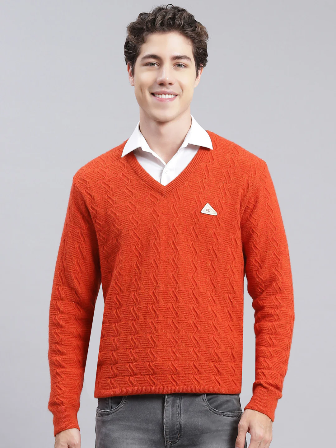 Men Orange Self Design Lamb wool Pullover - Image 2