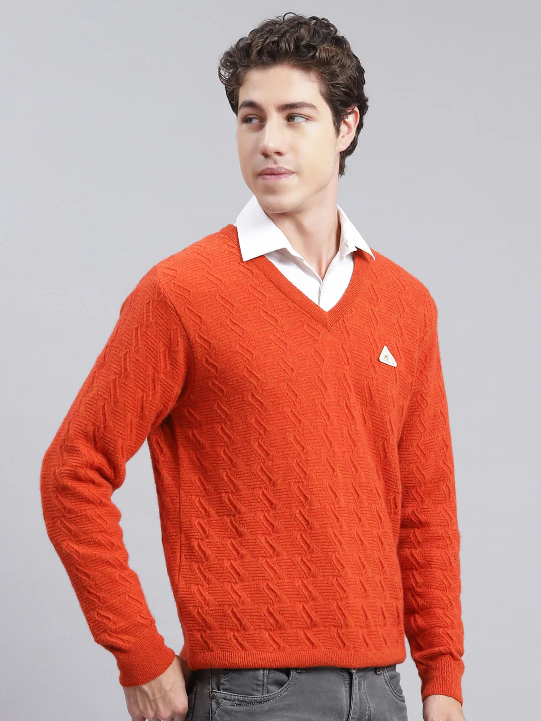 Men Orange Self Design Lamb wool Pullover - Image 3