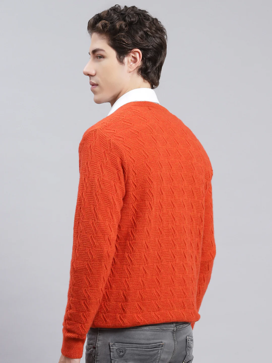 Men Orange Self Design Lamb wool Pullover - Image 5