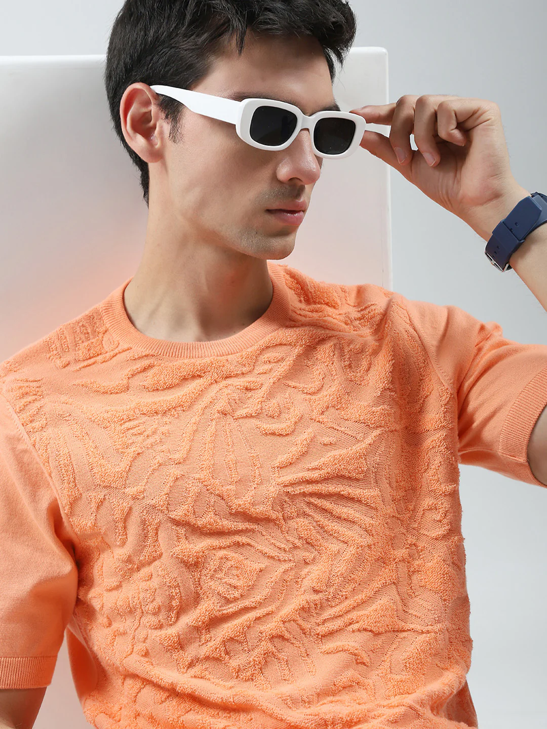 Men Orange Self Design Round Neck Half Sleeve T-Shirt - Image 6