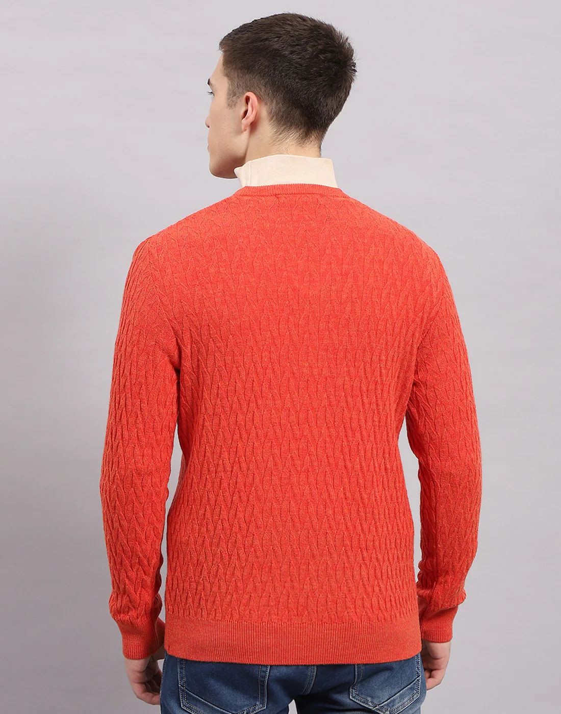 Men Orange Self Design V Neck Full Sleeve Pullover - Image 5