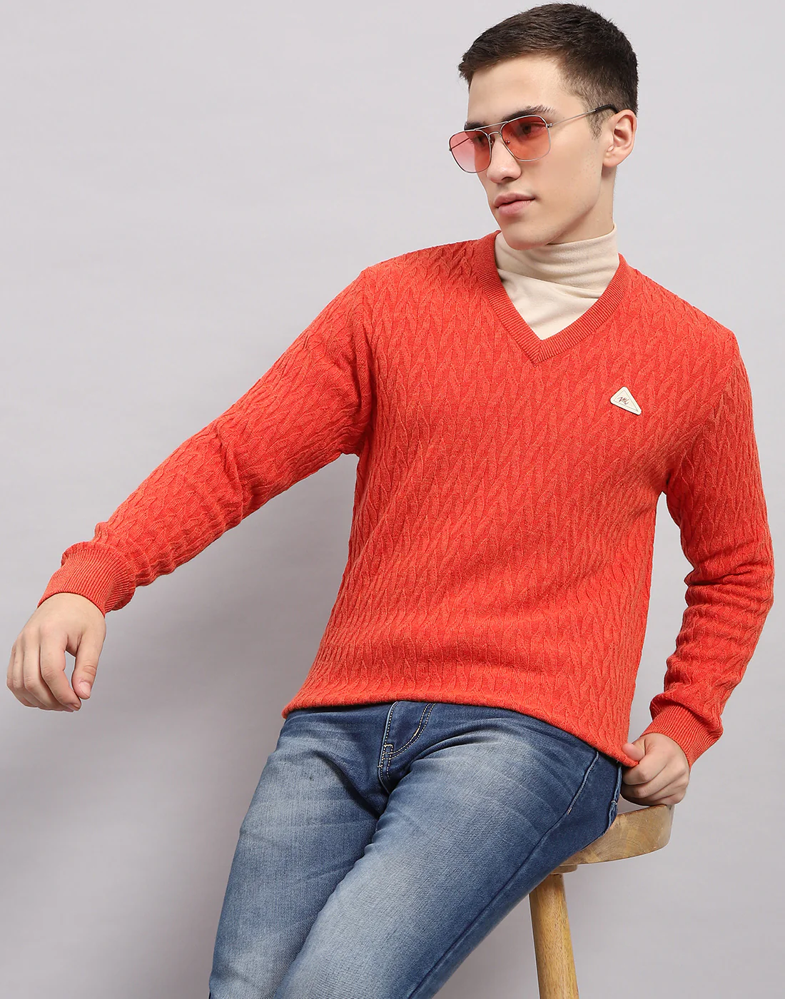 Men Orange Self Design V Neck Full Sleeve Pullover - Image 6
