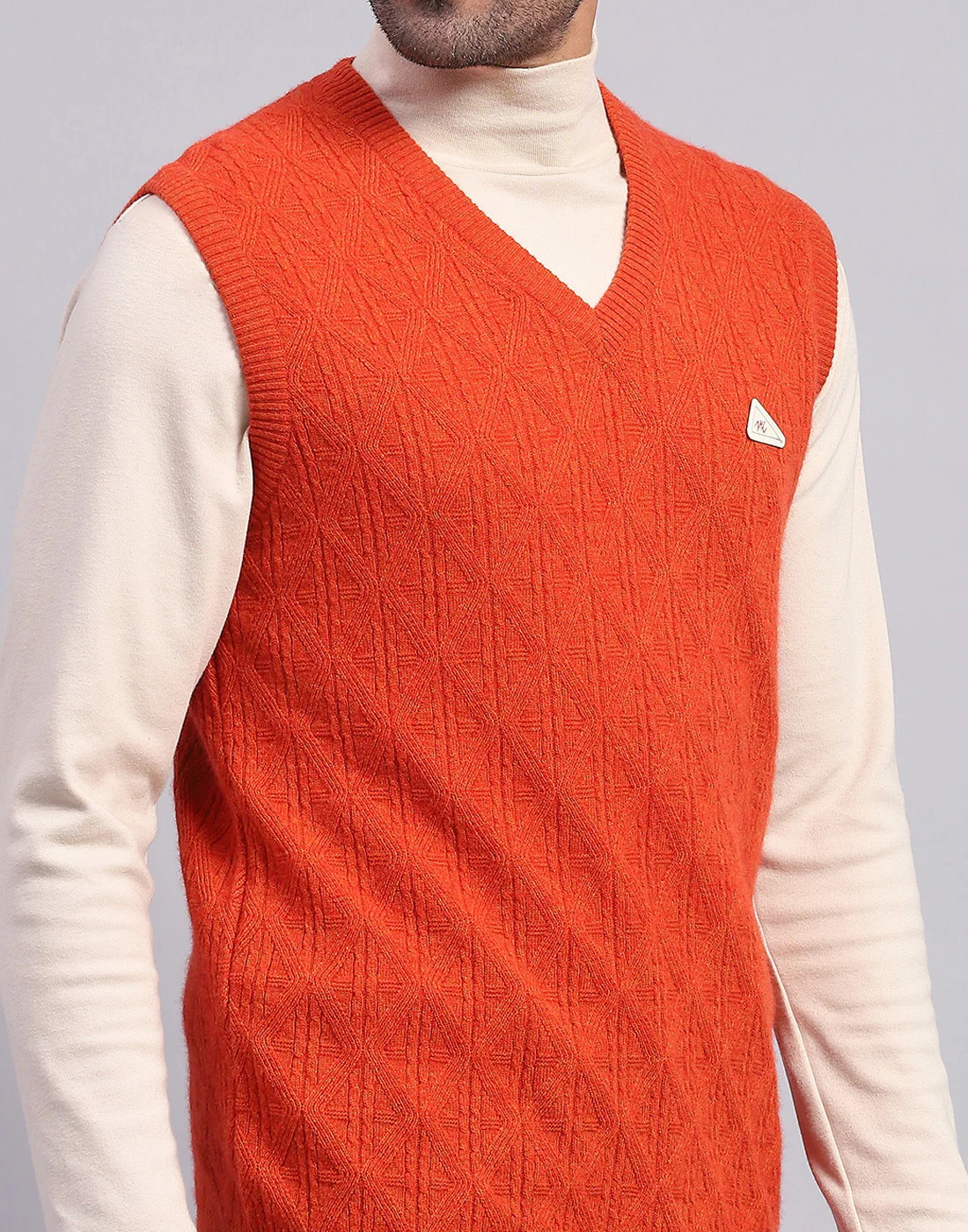 Men Orange Self Design V Neck Sleeveless Sweater - Image 7