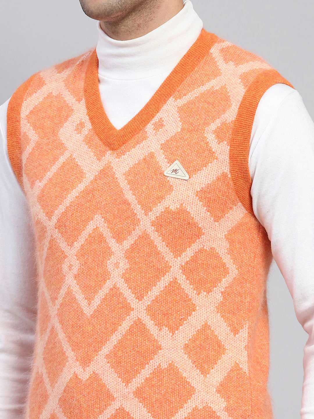Men Orange Self Design V Neck Sleeveless Sweater - Image 6