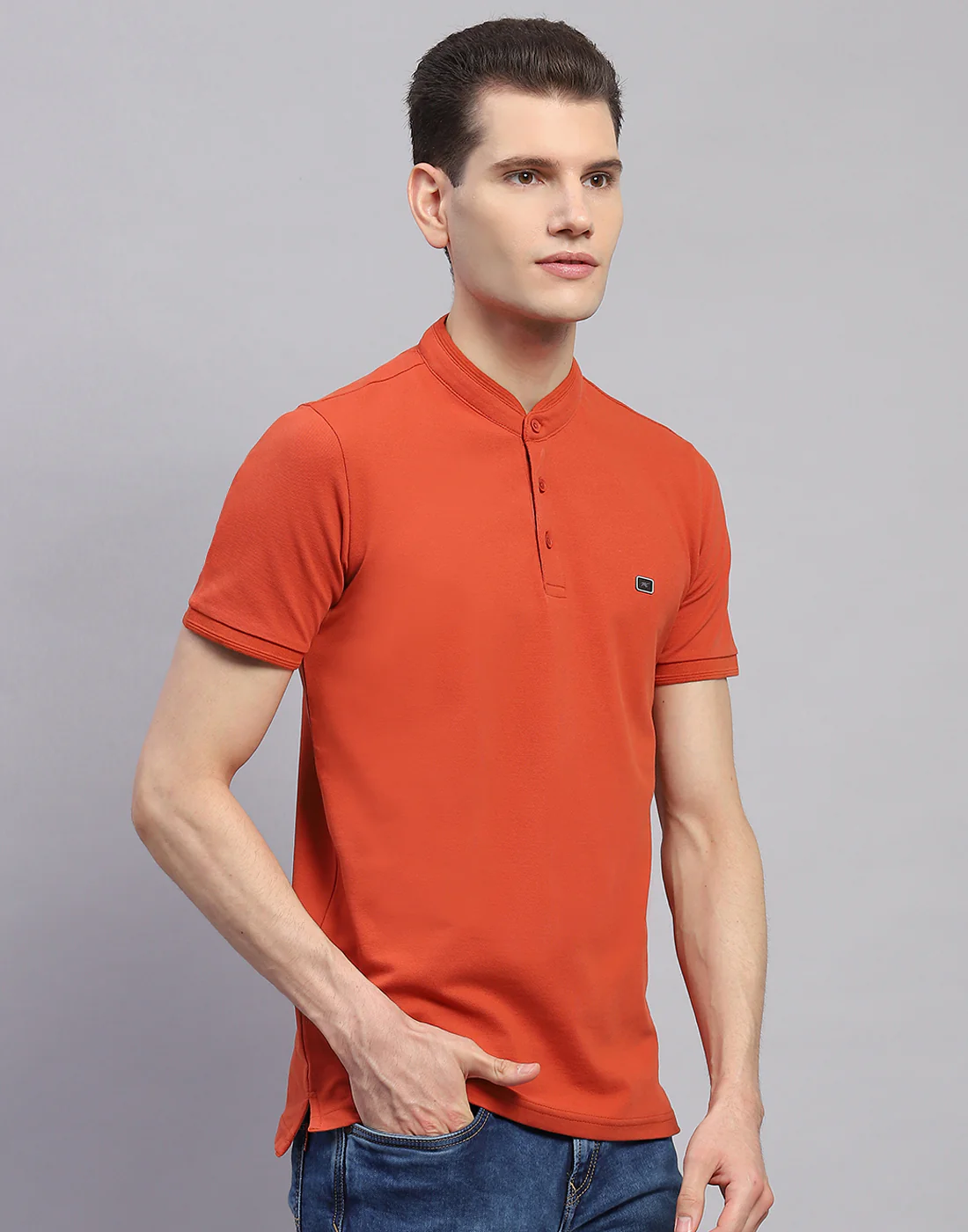 Men Orange Solid Band Collar Half Sleeve T-Shirt - Image 4