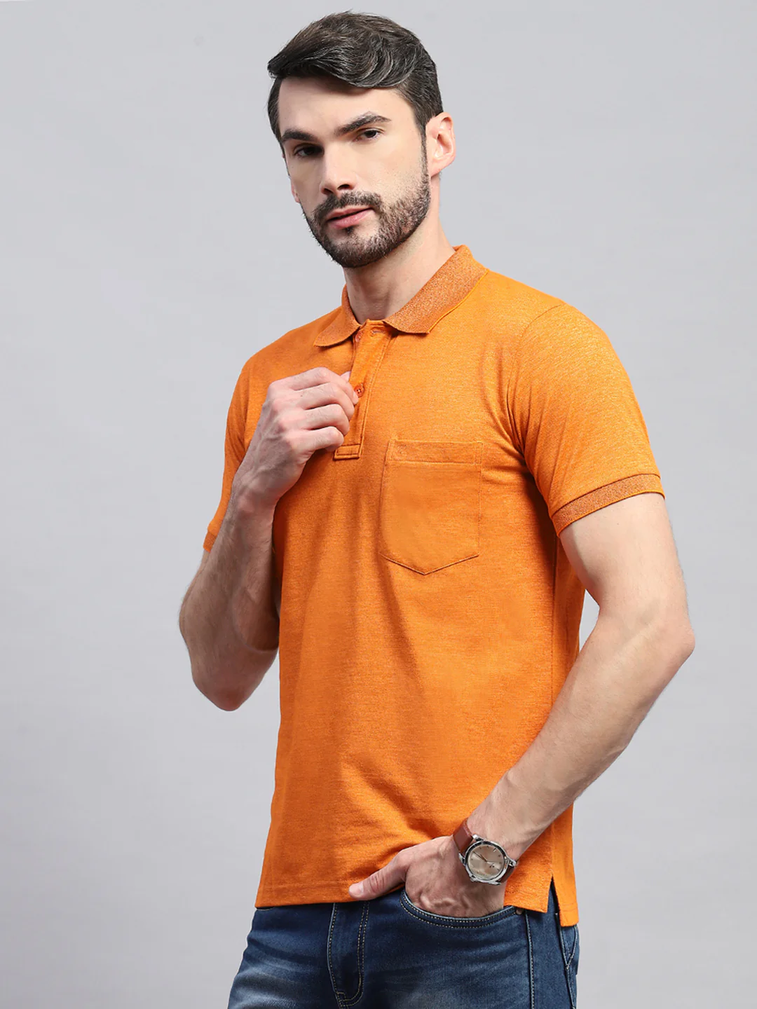 Men Orange Solid Collar Half Sleeve T-Shirt - Image 3