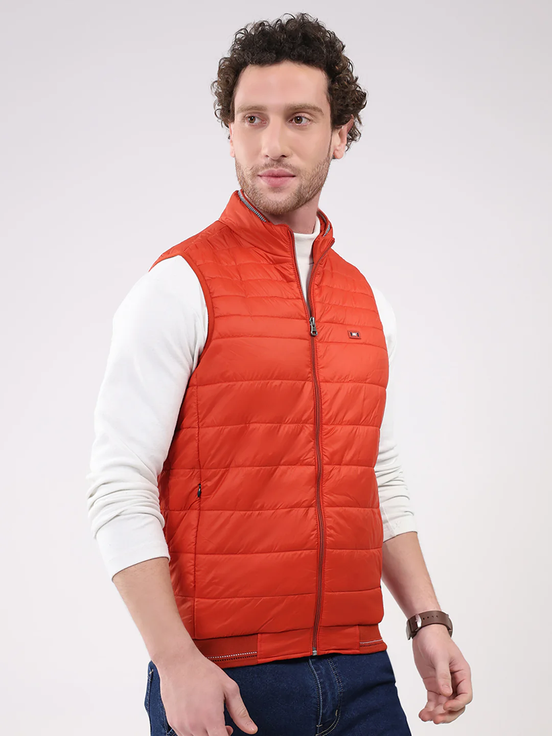 Men Orange Solid Collar Sleeveless Jacket - Image 4