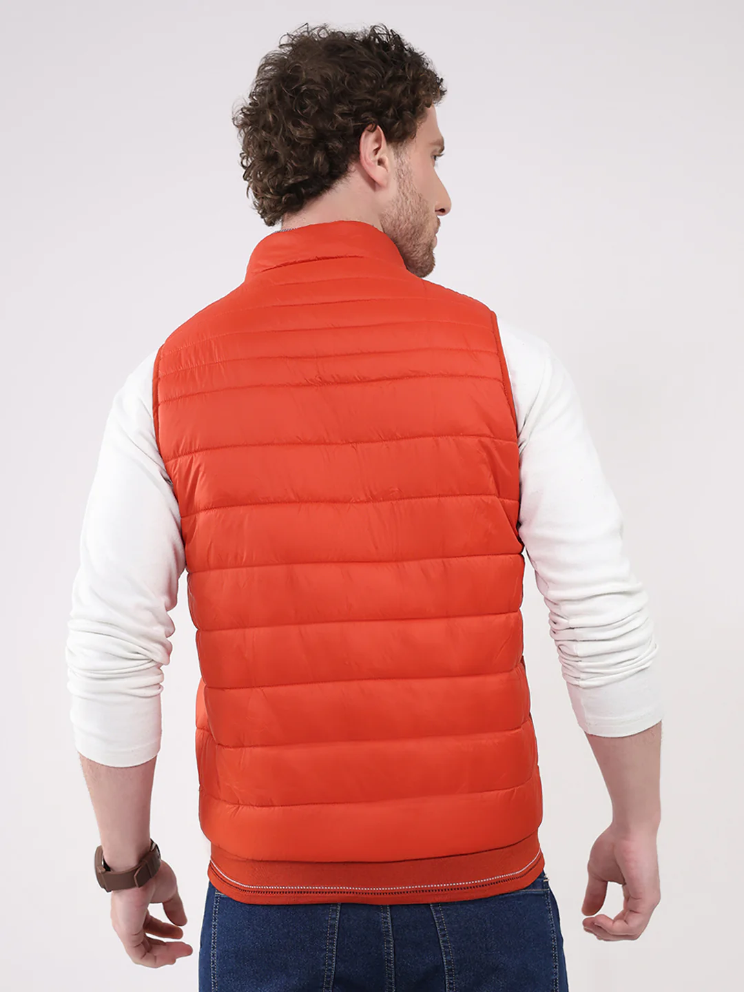 Men Orange Solid Collar Sleeveless Jacket - Image 5