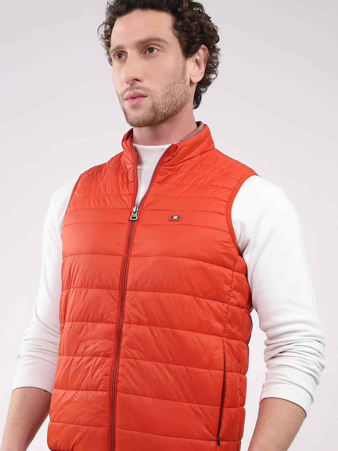 Men Orange Solid Collar Sleeveless Jacket - Image 6