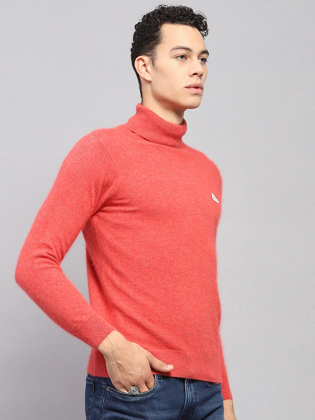 Men Orange Solid High Neck Full Sleeve Pullover - Image 4