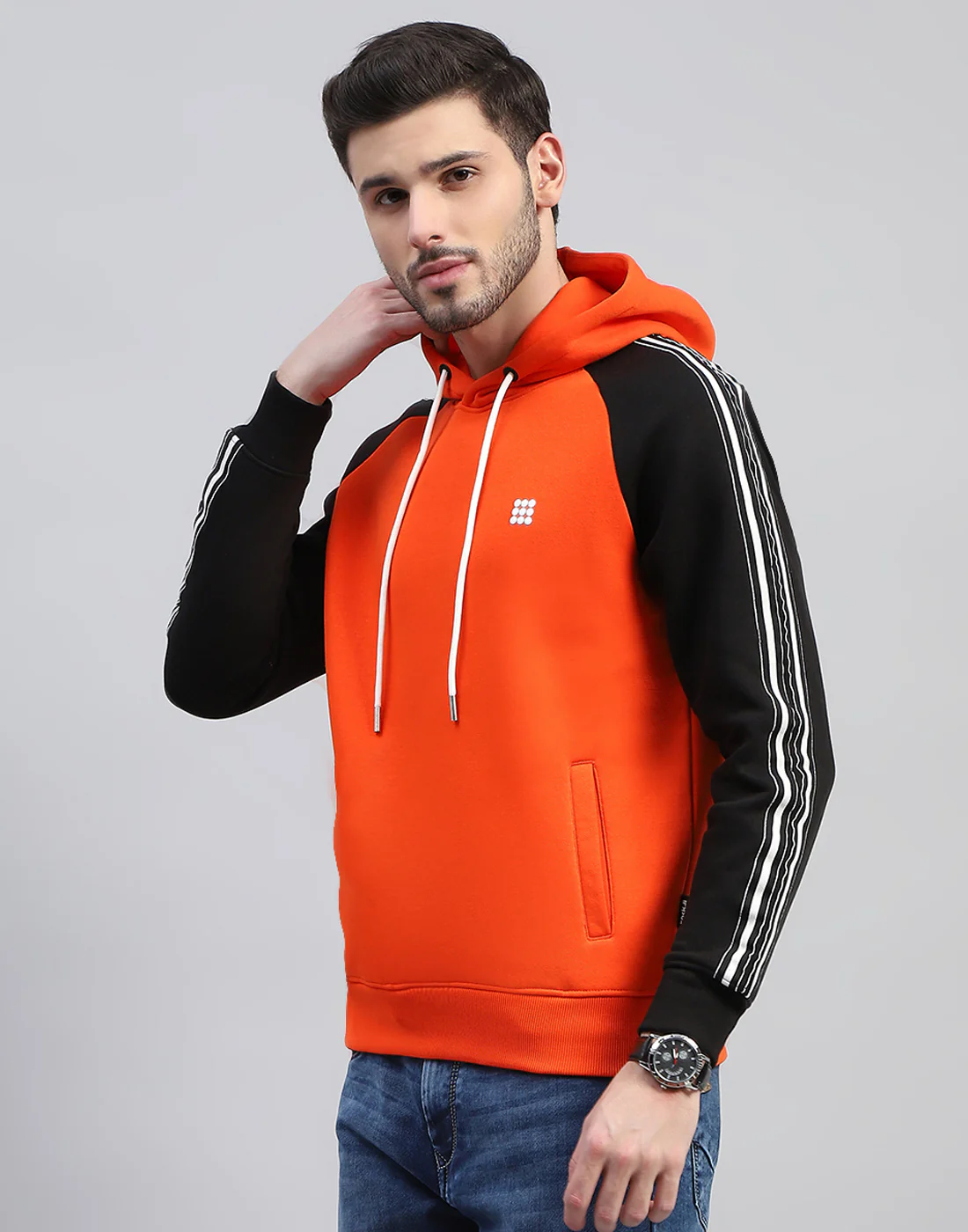 Rock.it Men Orange Solid Hooded Full Sleeve Sweatshirt - Image 3