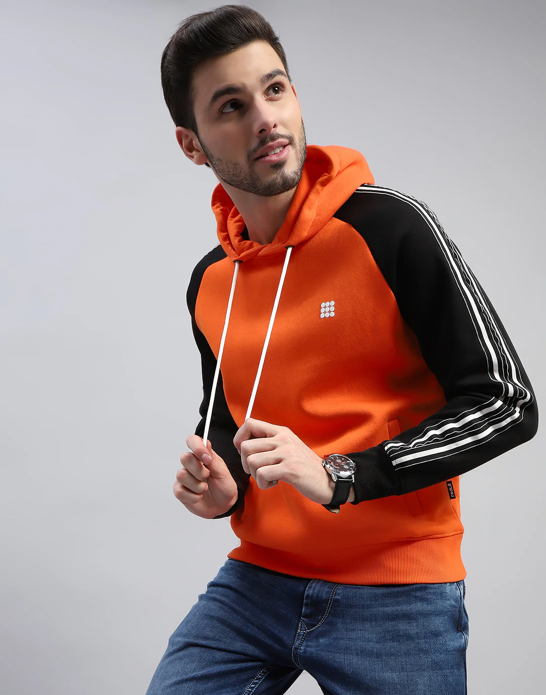 Rock.it Men Orange Solid Hooded Full Sleeve Sweatshirt - Image 6
