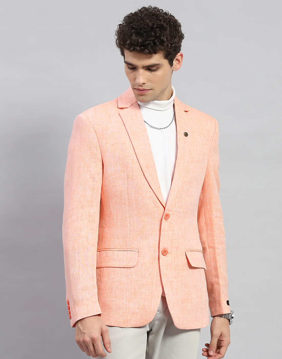 Men Orange Solid Notch Lapel Collar Full Sleeve Blazer - Image 3