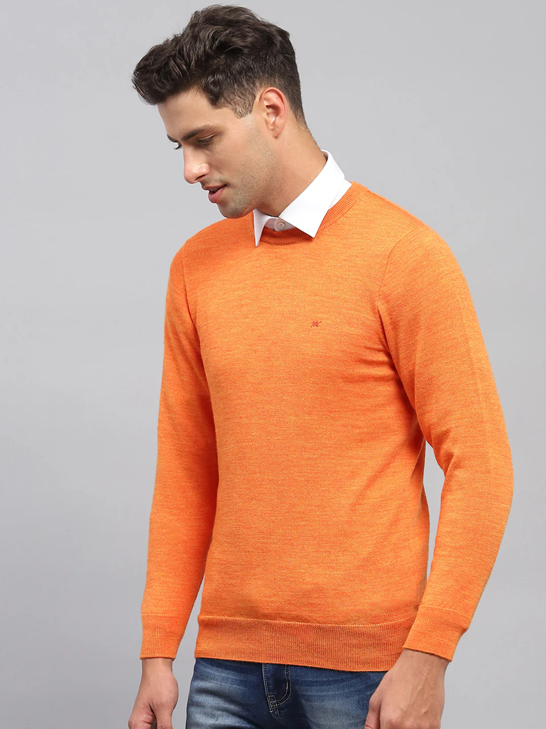 Men Orange Solid Round Neck Full Sleeve Pullover - Image 3